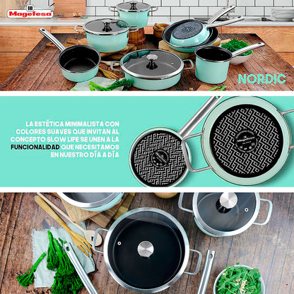 Batería Cocina Inducción 9 Piezas, Antiadherente Libre Pfoa Exterior Verde Menta Retro Vintage Magefesa Nordic, Verde_4