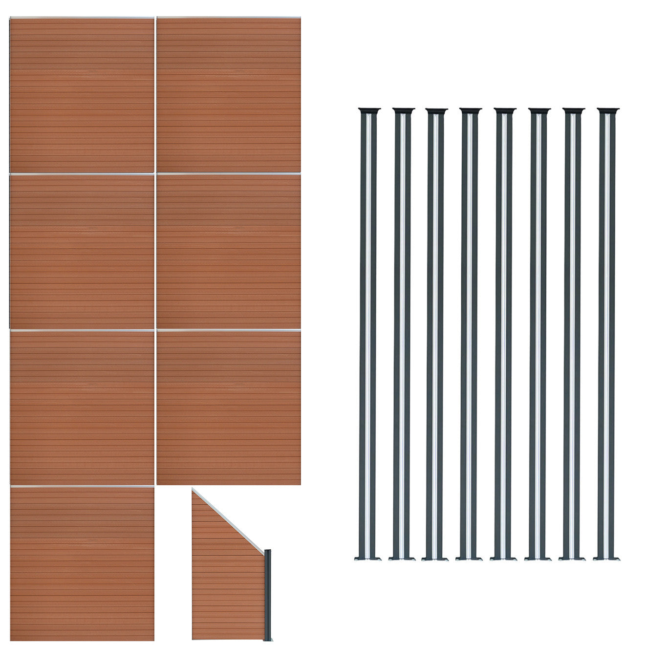 Vallas Para Exteriores De Wpc Y Aluminio - 7x Paneles Cuadrados + 1x Oblicuo + 8x Postes Con Led | Marrón_0