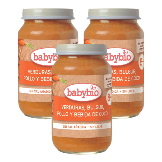 Pack 3 unidades trocitos de verduras, bulgur, pollo y bebida de coco Babybio 200 g