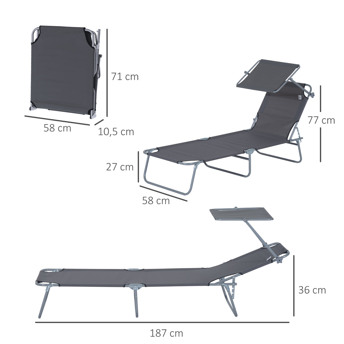 Outsunny Tumbona De Jardín Plegable Con Toldo Desmontable 187x58x36cm Gris_2