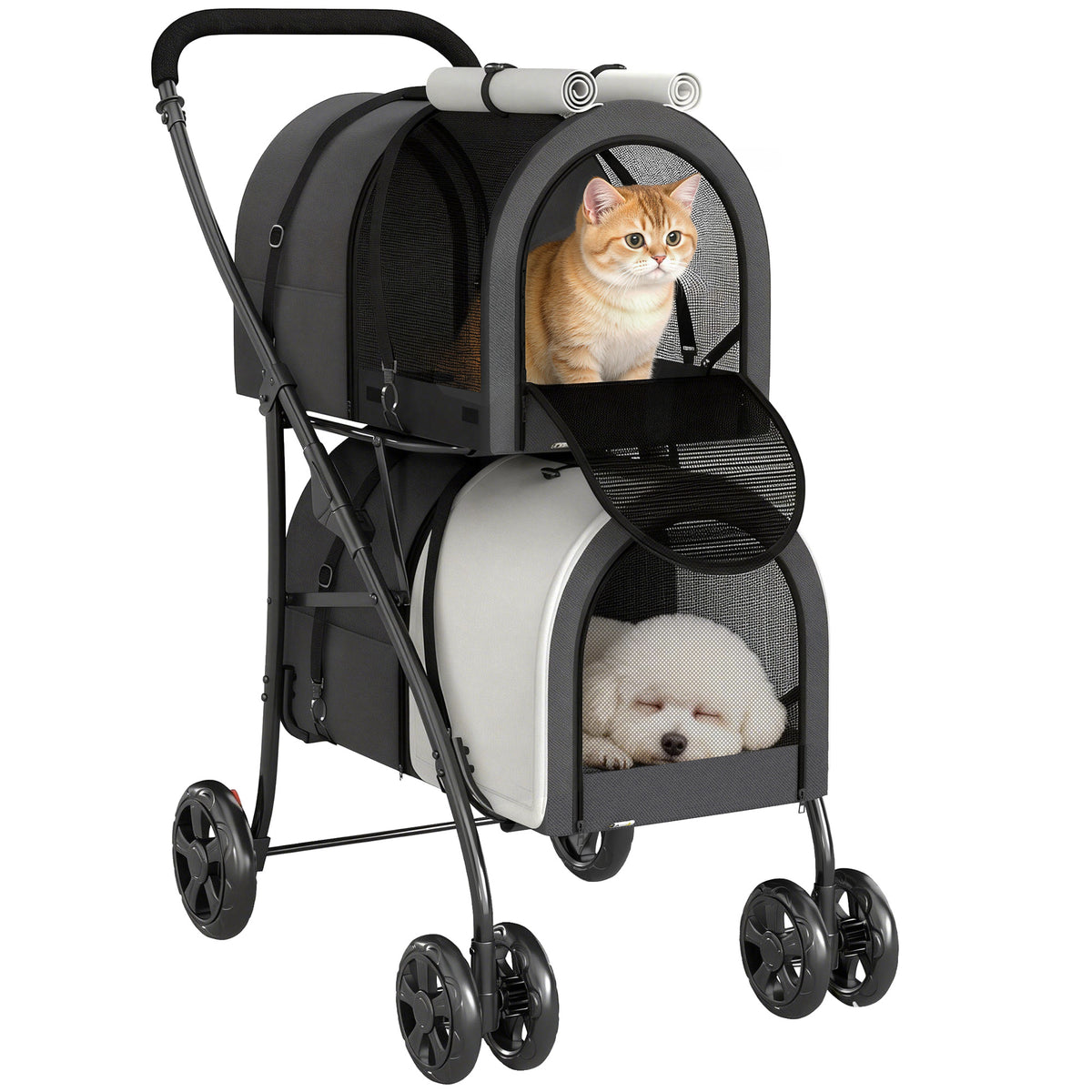 Pawhut Carrito Doble Para Perros Plegable Con 2 Transportines 66x50x98 Cm_0