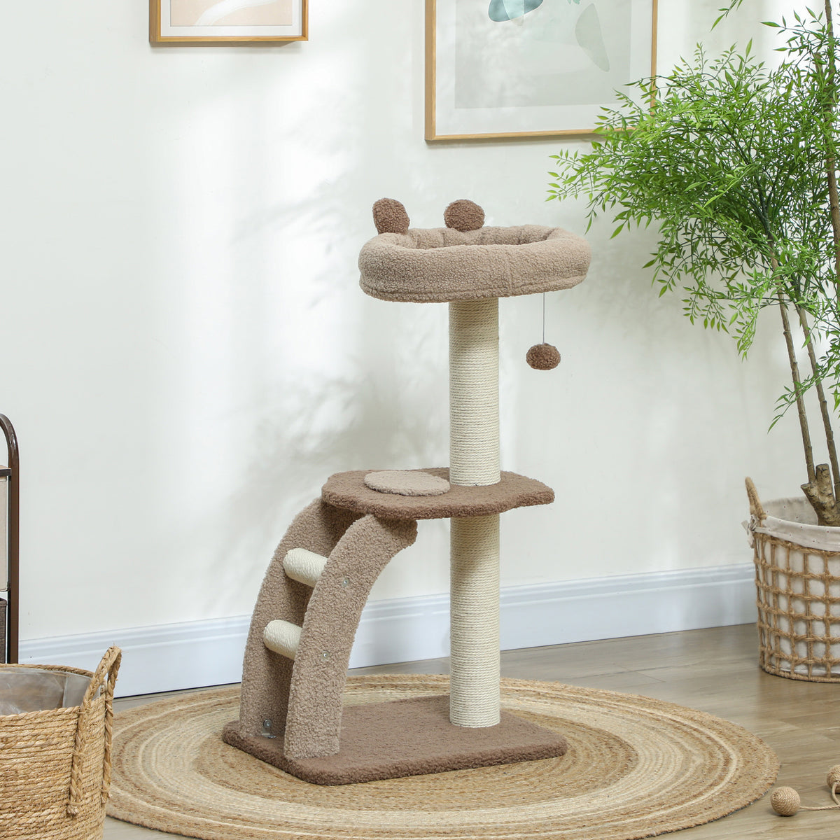 Pawhut Árbol Rascador Para Gatos Altura 88 Cm Con Nido Escalera Café_1
