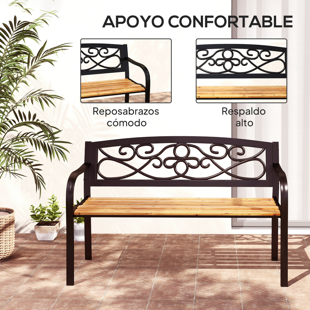 Outsunny Banco De Jardín Exterior De 2 Plazas 127x56x80 Cm Negro Y Natural_5