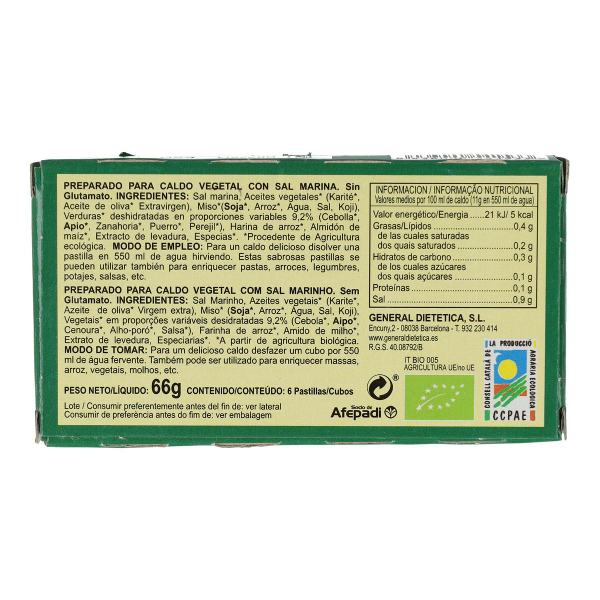 Caldo Vegetal Eco Con Sal Marina 6 Cubitos X 11 Gr Integralia