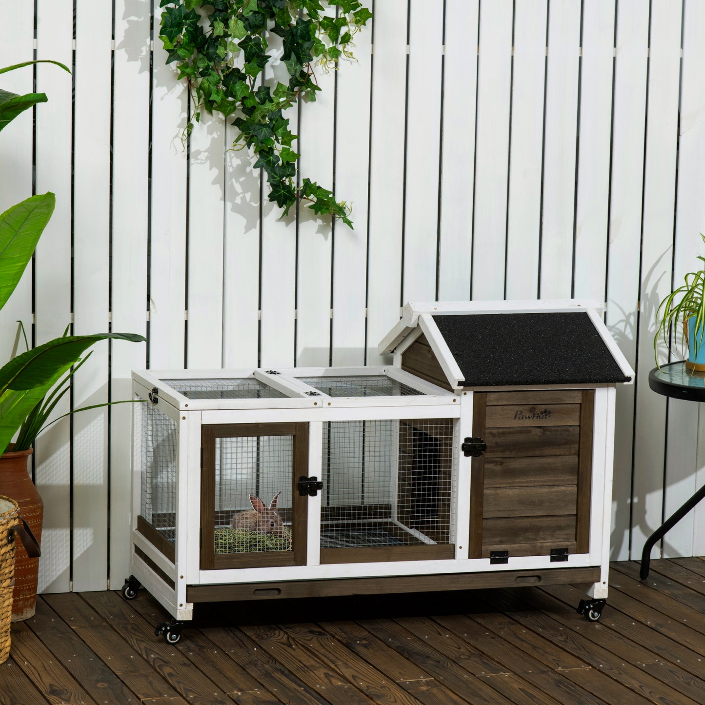 Pawhut Conejera De Madera Con Ruedas 108x58x73,5 Cm Con Techo Abrible Corral_1