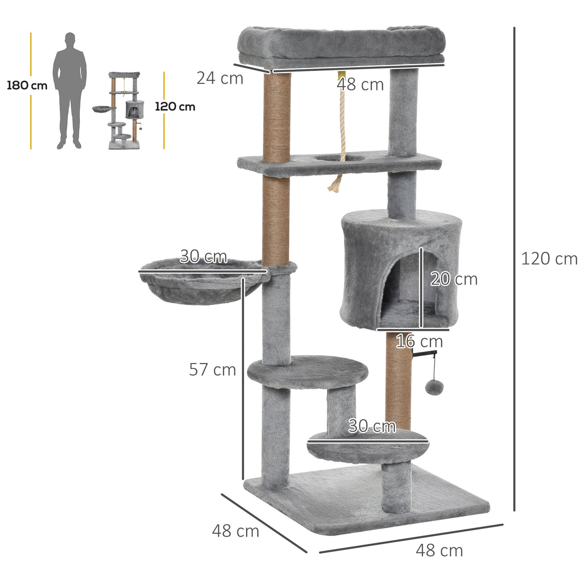 Pawhut Árbol Rascador Para Gatos Altura 120 Cm Plataformas Cueva Hamaca Bola_2