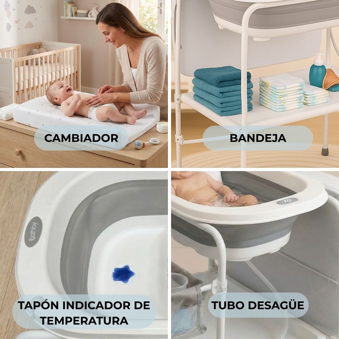 Bathby | Bañera Bebé 5 En 1 Plegable Con Soporte, Cambiador, Bandejas, Desagüe (gris Standard)_5