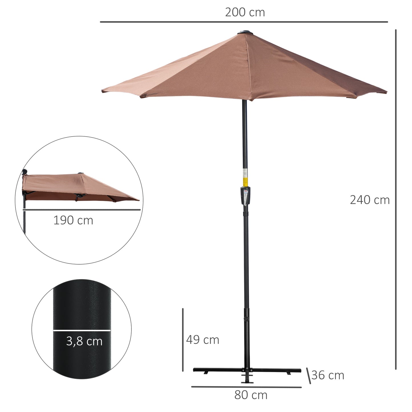 Outsunny Sombrilla De Pared Jardín 200x190x240cm Con Manivela Para Terraza Café_2