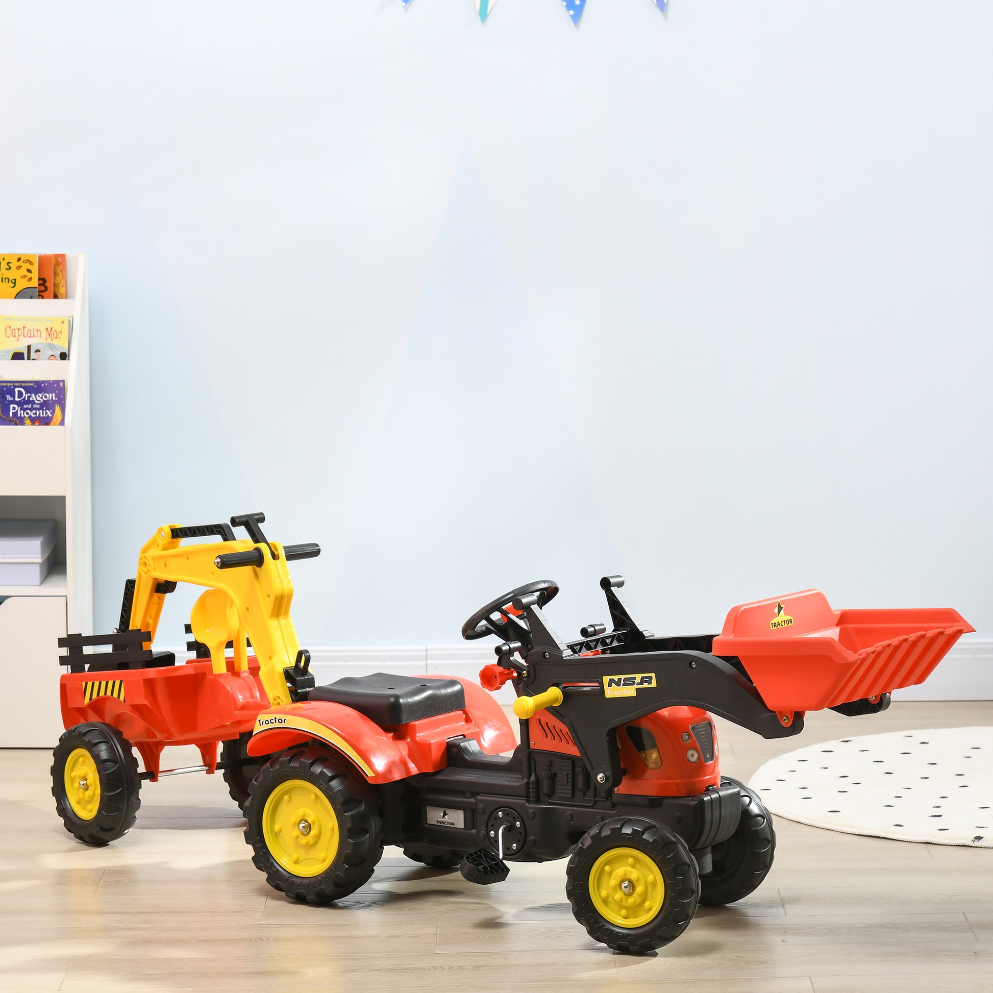 Homcom Tractor A Pedales Con Remolque Y Palas Para +3 Años 179x42x59 Cm Rojo_1