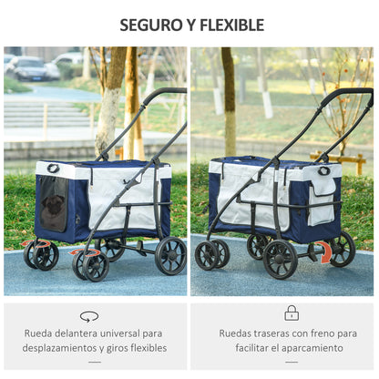 Pawhut Carrito Para Perros Plegable Con Vagón Desmontable Y Cojín Azul_5