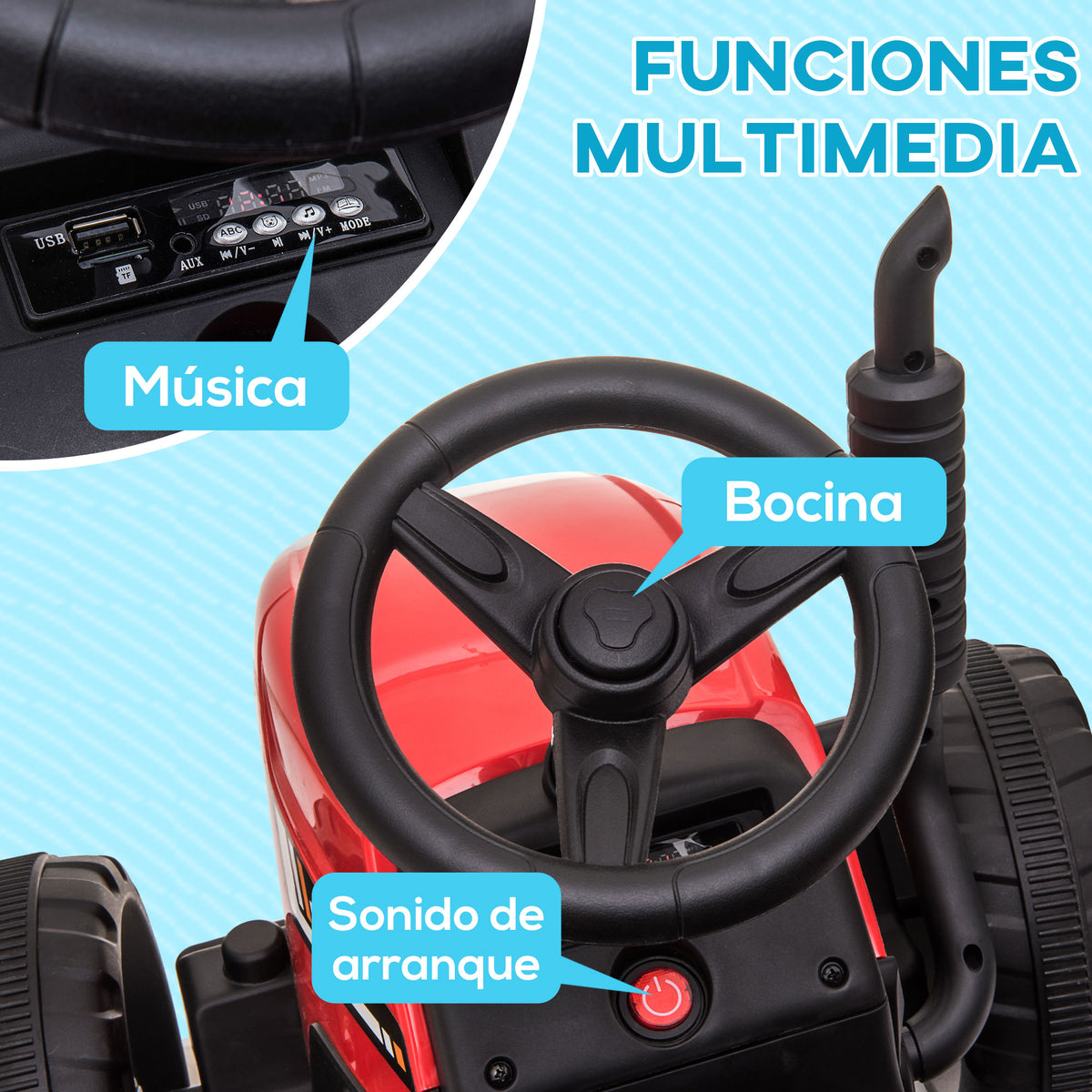 Homcom Tractor Eléctrico Con Remolque Para Niños 3-6 Años 136,5x50x52,5 Cm Rojo_5