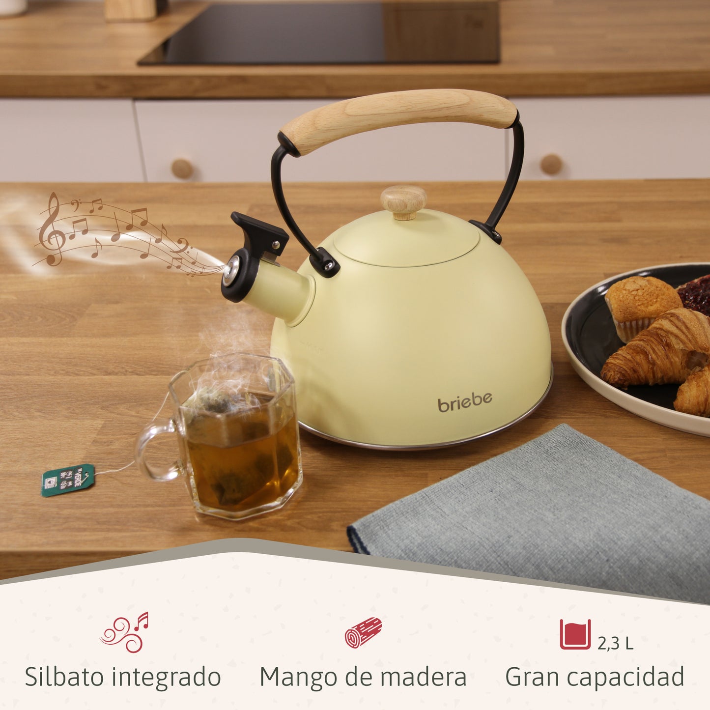 Briebe Tetera Con Silbato, Hervidor De Agua 2,3l, Inducción, Acero Inox, Vintage, Mango Madera, Pastel, Amarillo_1