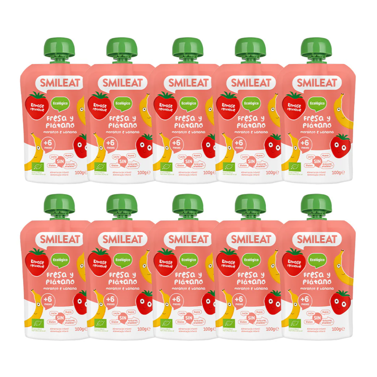 Pack 10 uds Pouch ECO Fresa y Plátano Smileat 100 g