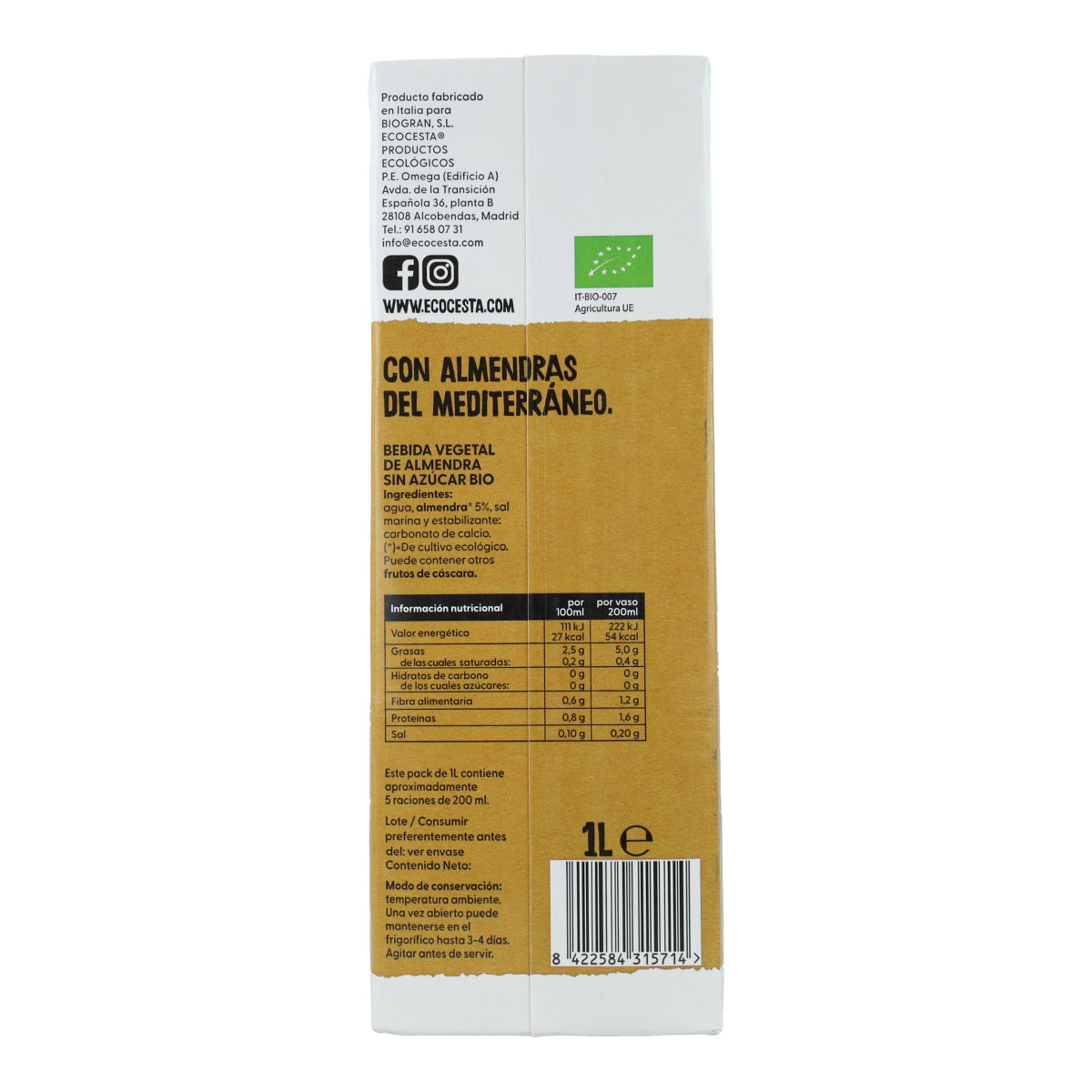 Bebida Vegetal De Almendra 0% Azúcar Bio, 1L Ecocesta
