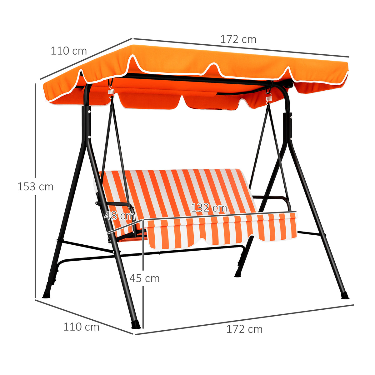 Outsunny Columpio De Jardín De 3 Plazas Techo Ajustable 172x110x153 Cm Naranja_2