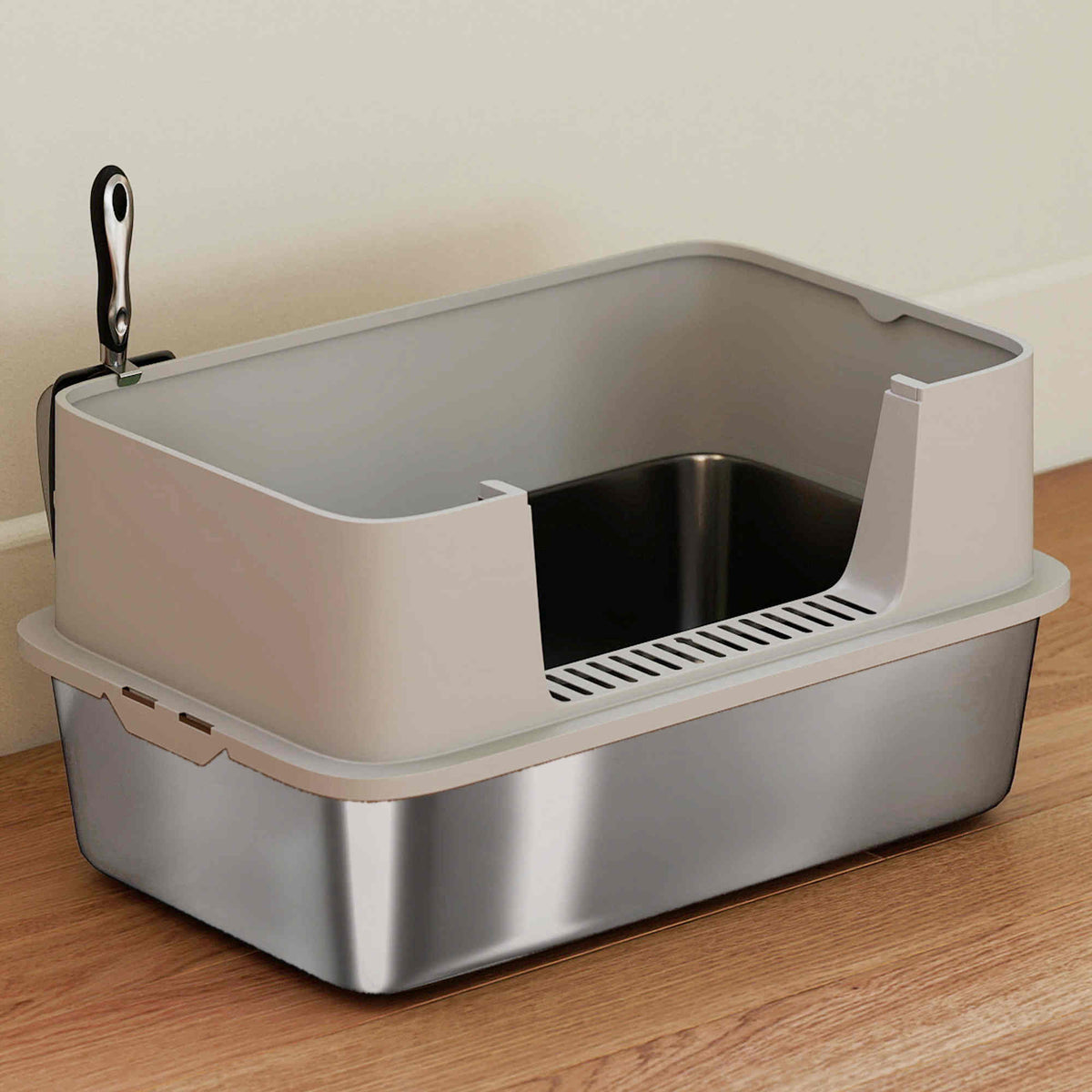 Pawhut Arenero Para Gatos De Acero Inoxidable Xl Borde Alto 60x40x29,5 Cm Gris_1