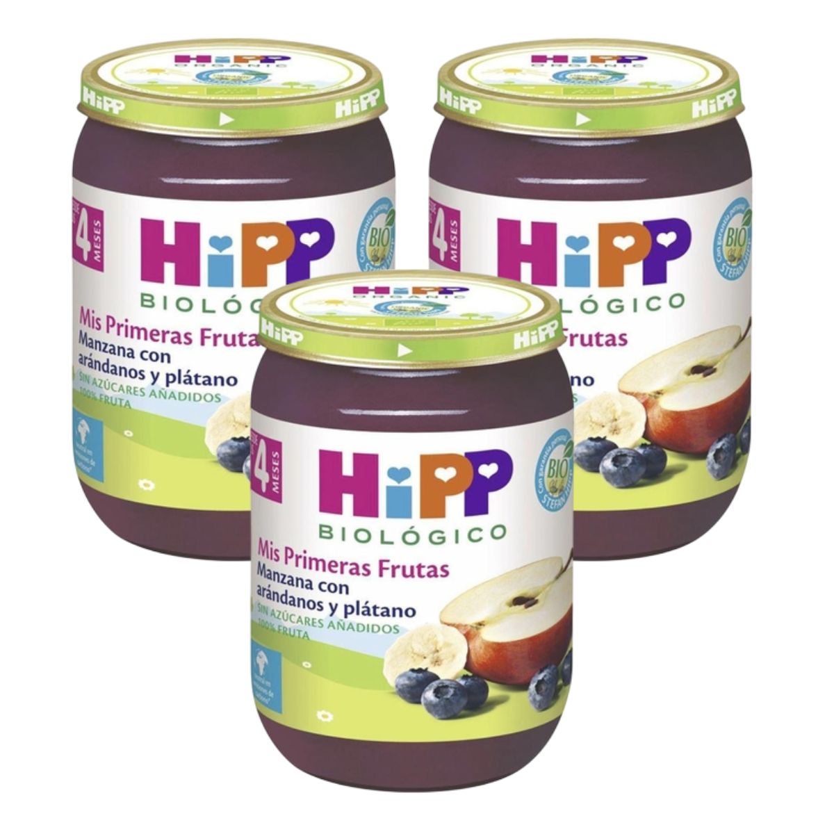 Pack x 3 Tarrito de manzana, fresa, plátano y frambuesa bio +4 meses HiPP 125g