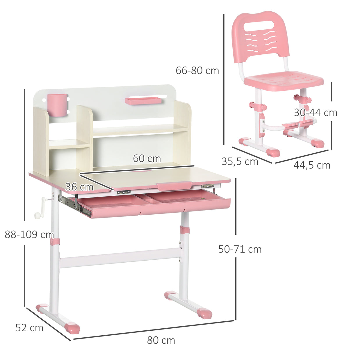 Conjunto De Secretária E Cadeira Infantil Homcom Rosa Pp, Mdf E Aço 80x52x88x109cm_2