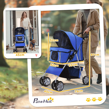 Pawhut Carrito Para Perros Plegable Con Toldo Ajustable 75x45x97 Cm Azul_2
