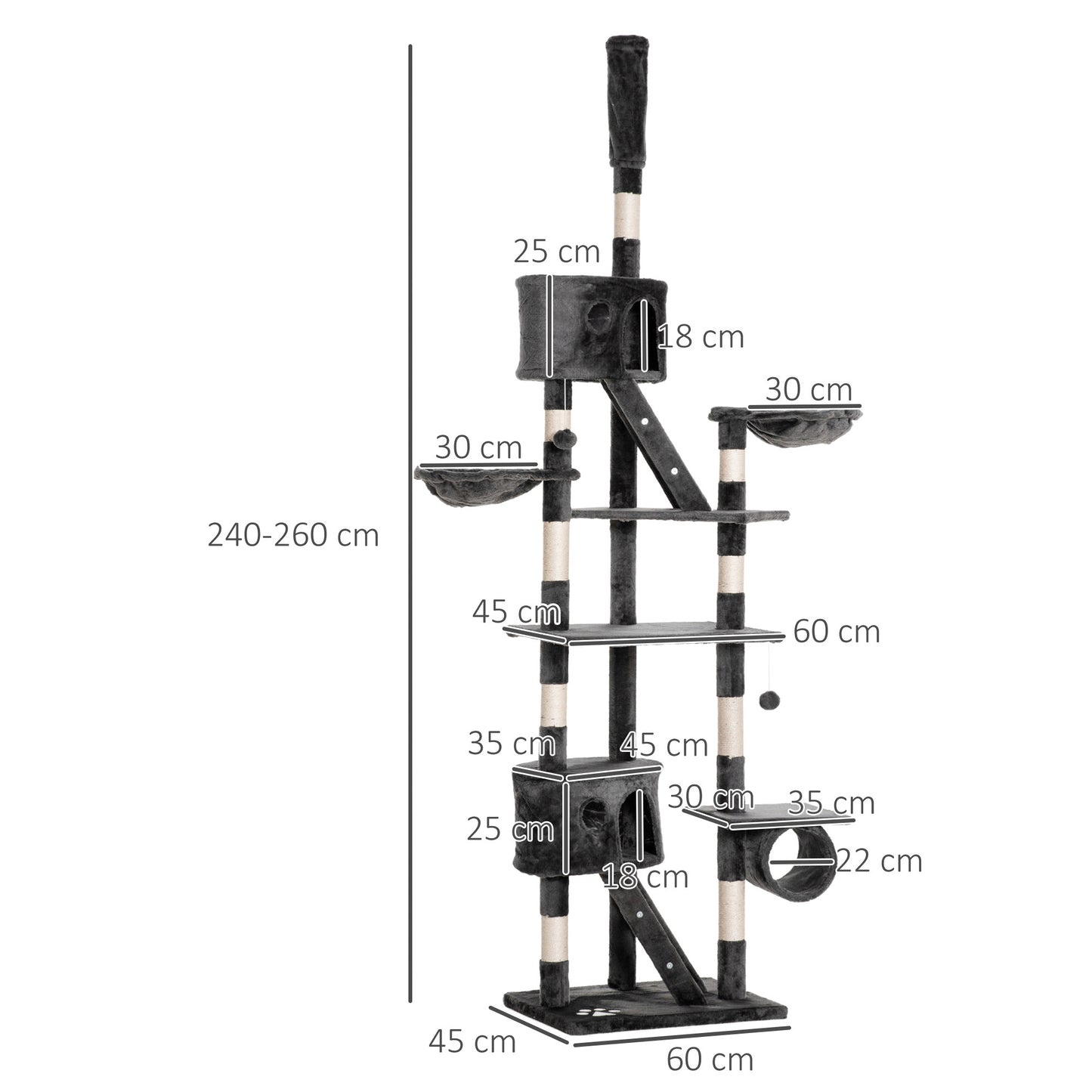 Pawhut Árbol Rascador Para Gatos 60x45x240-260 Cm Altura Ajustable Plataformas_2