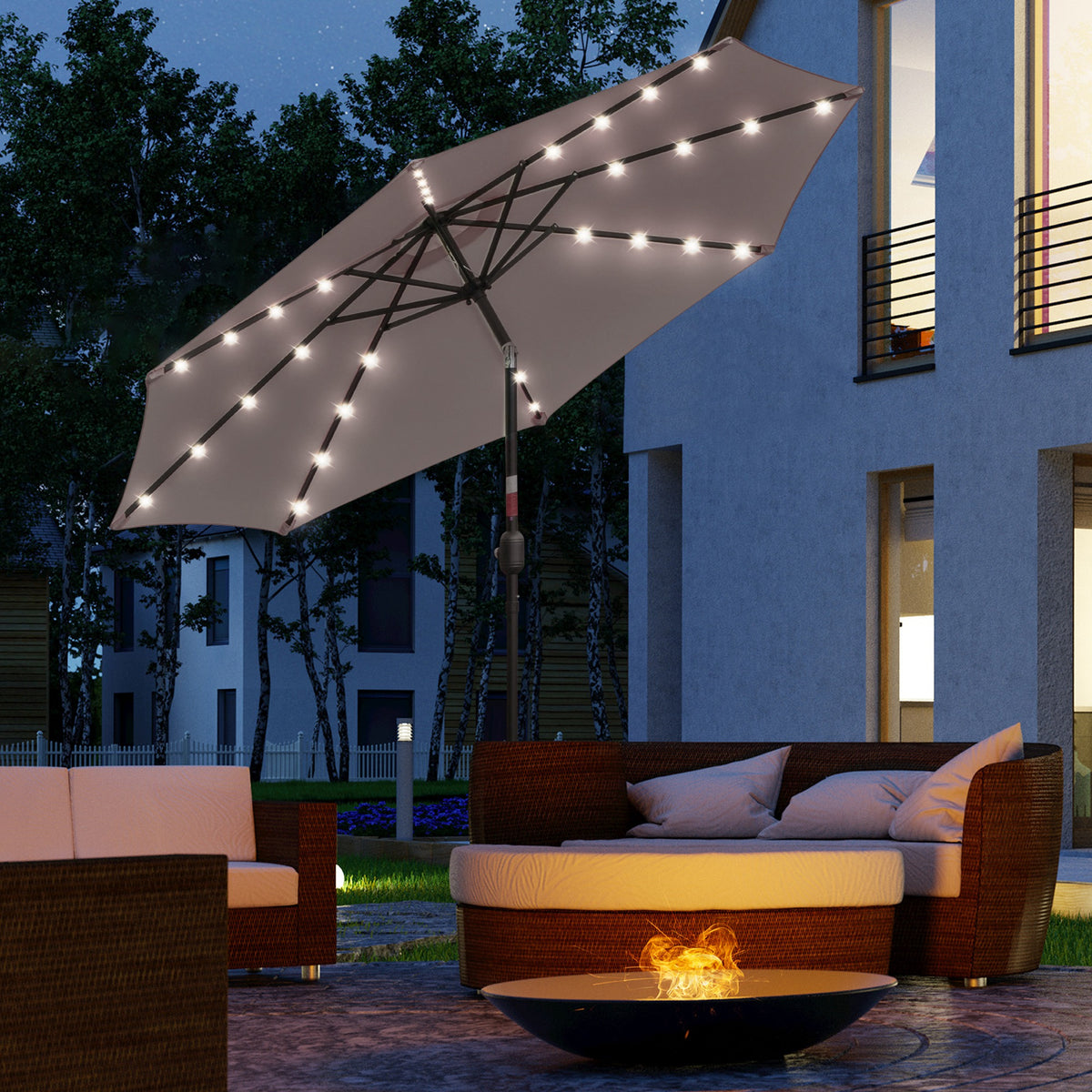 Outsunny Sombrilla Jardín Con 32 Luces Led Solares Inclinable Ø265x233 Cm Gris_1