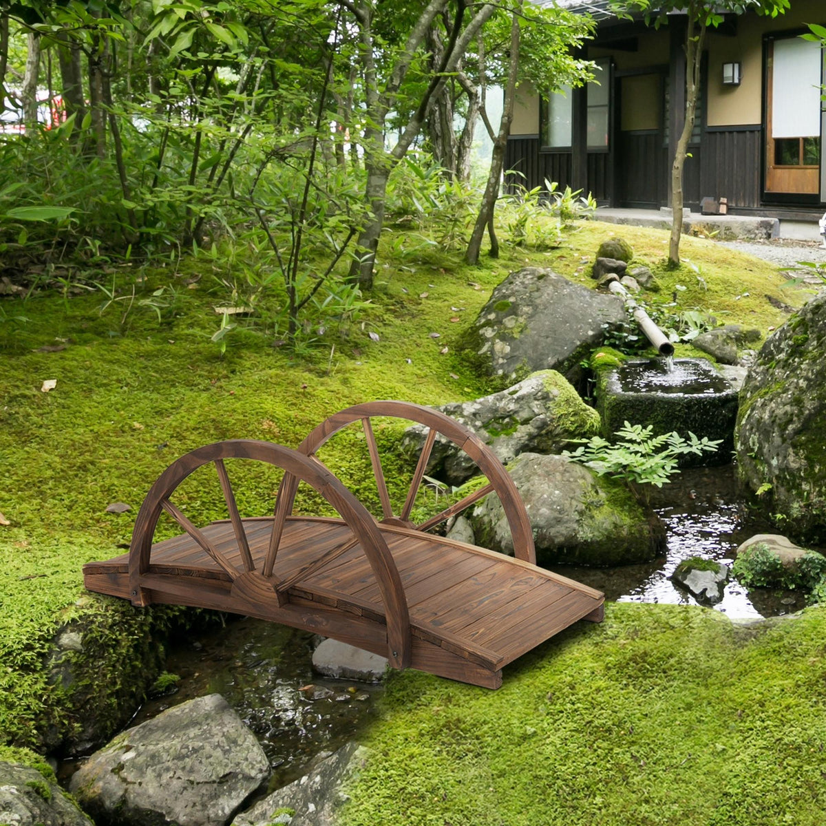 Outsunny Puente De Jardín De Madera Con Barandilla 100x50x37 Cm Carbonizado_1