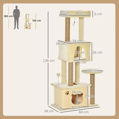 Pawhut Árbol Rascador De Gatos Grande 60x34x136cm Centro Actividades Plataformas_2