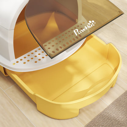Pawhut Arenero Para Gatos Cubierto Con Bandeja Pala Y Asa Amarillo Y Blanco_3