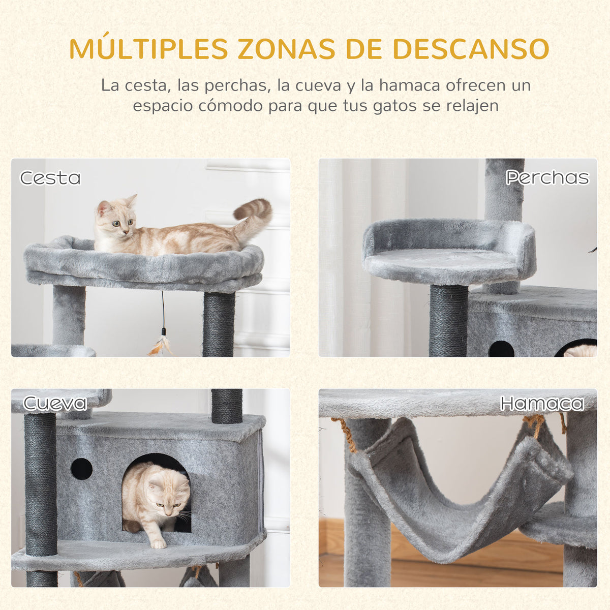 Pawhut Árbol Rascador Gatos 48x48x107cm Con Cueva De Fieltro Desmontable Hamaca_5