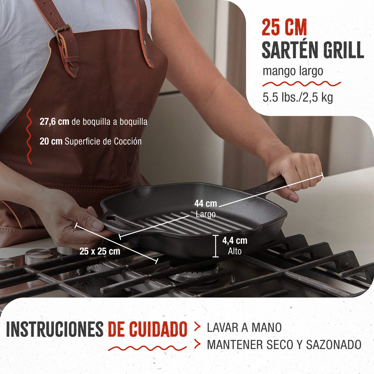 Victoria Sartén Grill Hierro Fundido Curado Inducción 25x25cm, Apta Fuego, Barbacoa, Cast Iron Skillet, 38571, Negro_4