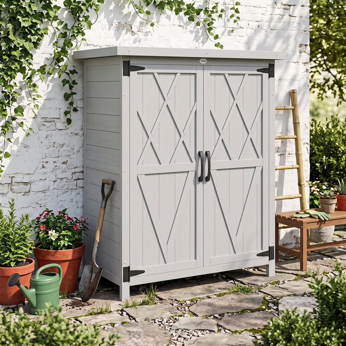 Outsunny Caseta De Jardín De Madera 75x40x90 Cm Con 4 Estantes 2 Puertas Gris_1