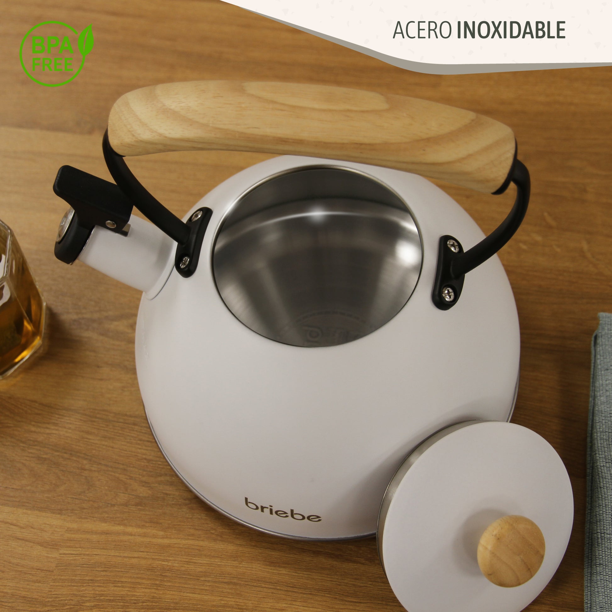 Briebe Tetera Con Silbato, Hervidor De Agua 2,3l, Inducción, Acero Inox, Vintage, Mango Madera, Nordic, Blanco_3