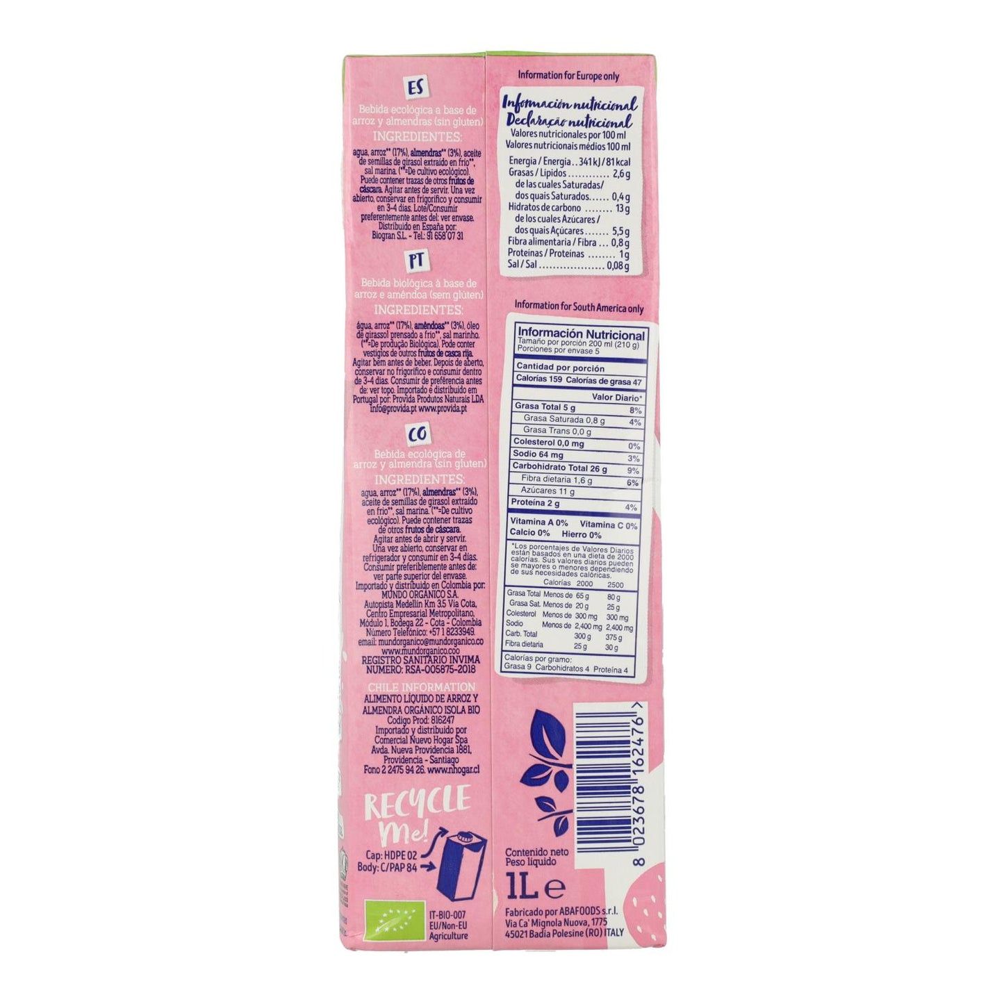Bebida de Arroz y Almendras Bio Isola BIO 1 L