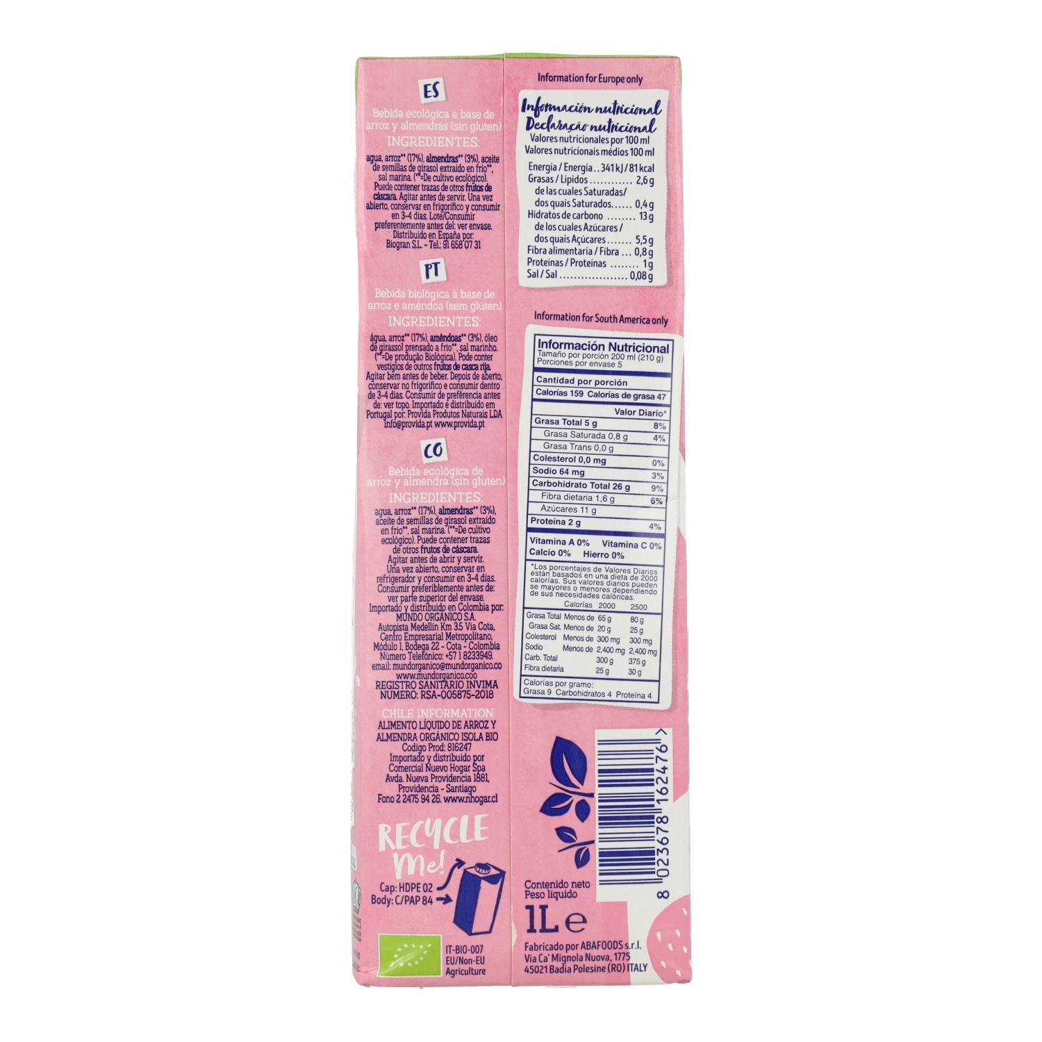 Bebida de Arroz y Almendras Bio Isola BIO 1 L