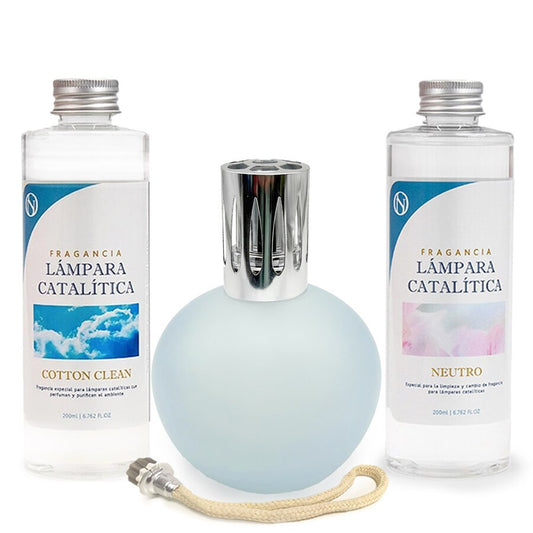 Pack Lámpara Catalítica Azul Grisáceo Mate + Fragancia Cotton Clean 200ml + Limpiador Neutro 200ml + Mecha Repuesto_0