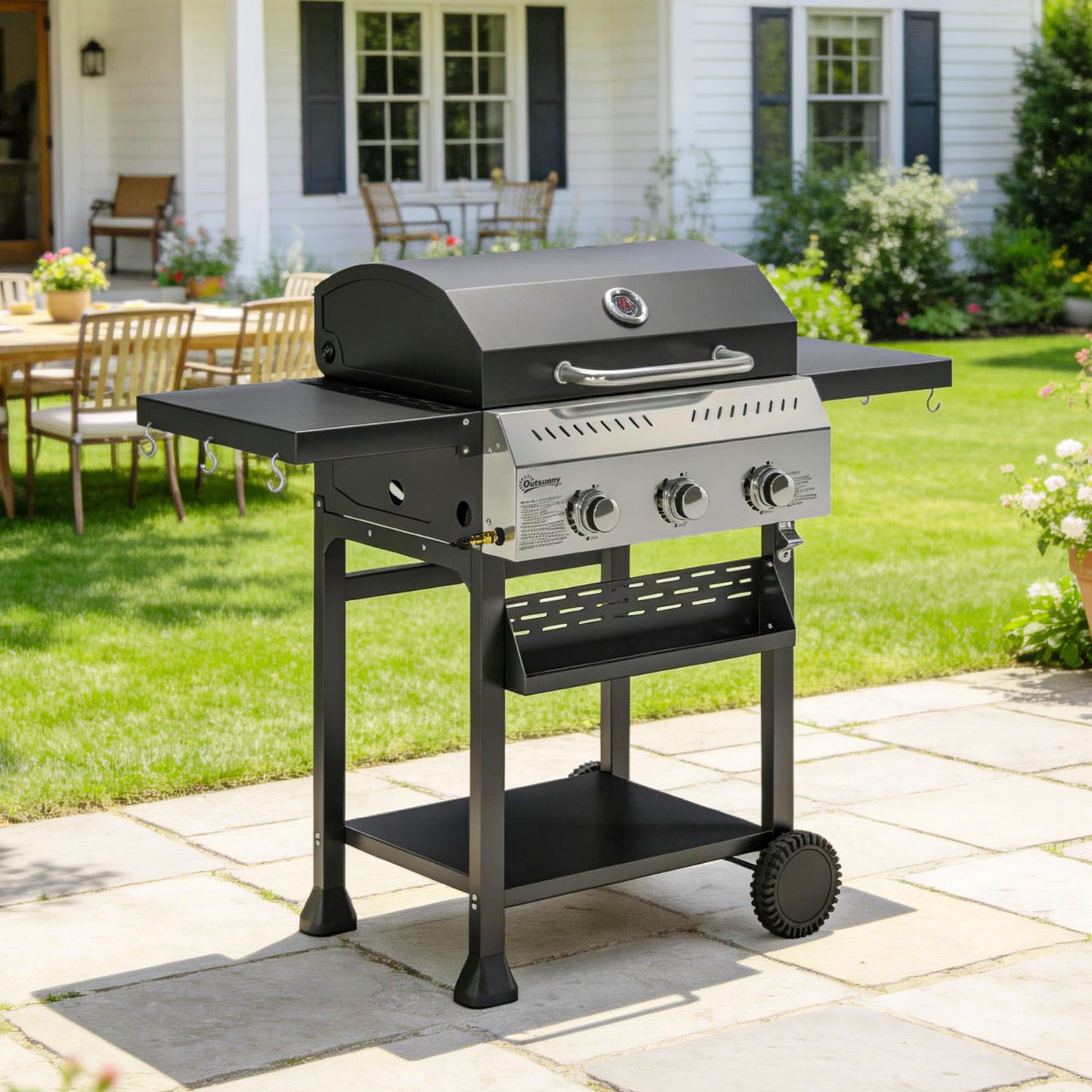 Outsunny Barbacoa De Gas Con 3 Quemadores 9 Kw Termómetro Mesas Laterales Negro_1