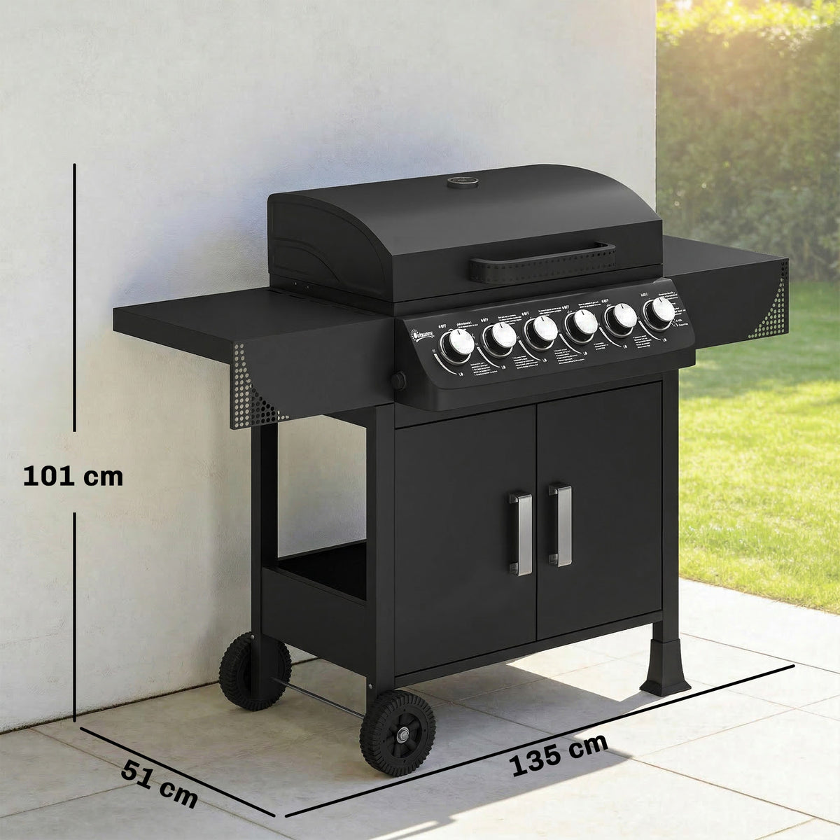 Outsunny Barbacoa De Gas Con 6 Quemadores 15 Kw Termómetro Y Mesas Laterales_2