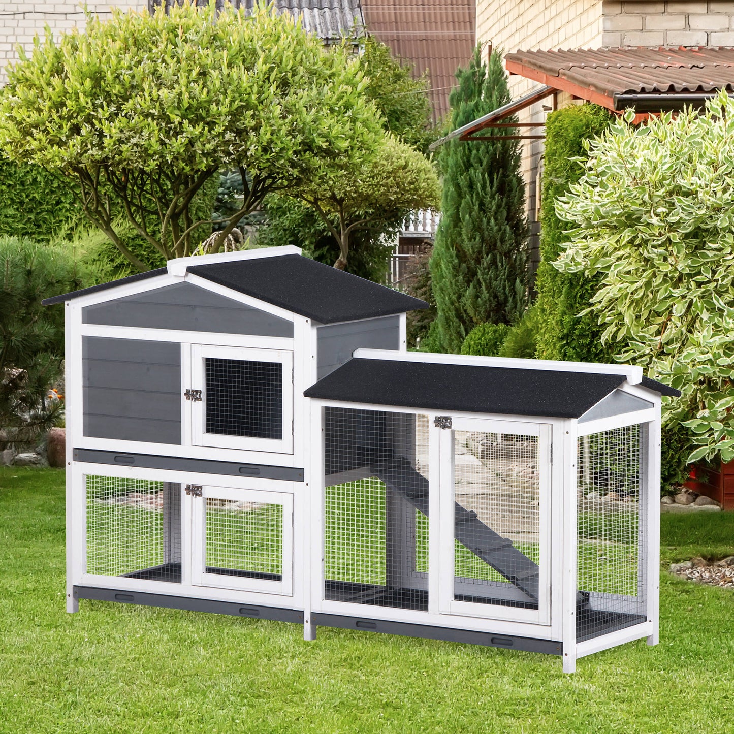 Pawhut Conejera De Madera Exterior Con Techo Asfáltico 157,4x53x93,5cm Gris_1