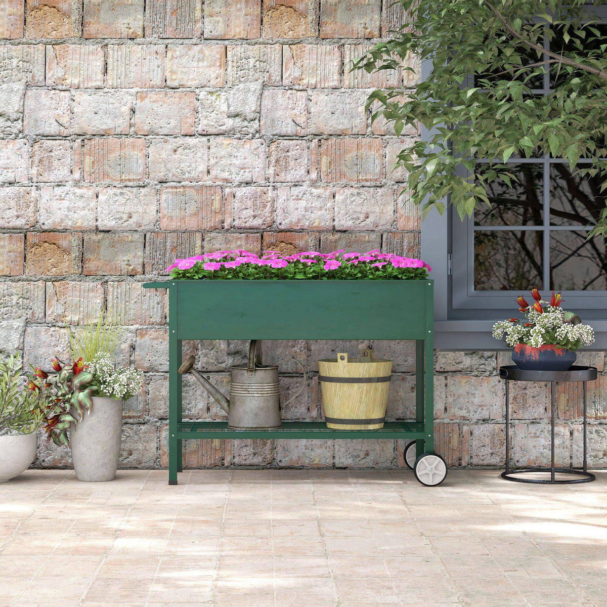 Outsunny Mesa De Cultivo 109x44x80 Cm Con 2 Ruedas Estante Y Asa Verde_3