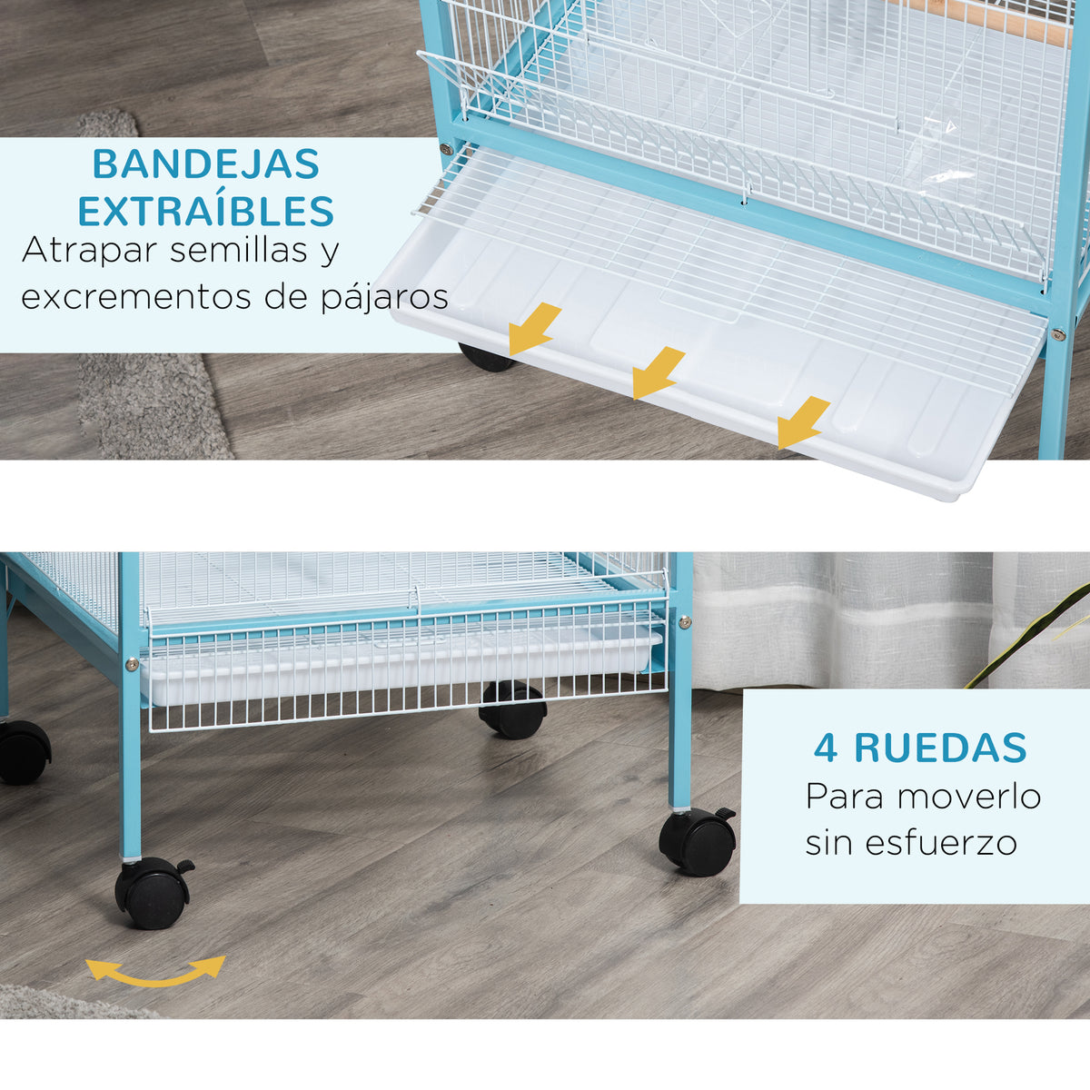 Pawhut Jaula Para Pájaros De 2 Niveles Con Ruedas Bandejas Extraíbles Azul_5