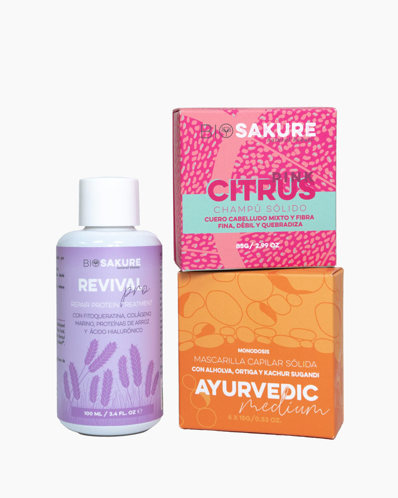 Pelo Dañado Trio - Tratamiento De 3 Pasos Para Recuperar La Fibra Capilar 100 Ml + 85 G + 6 X 15 G Bio Sakure_0