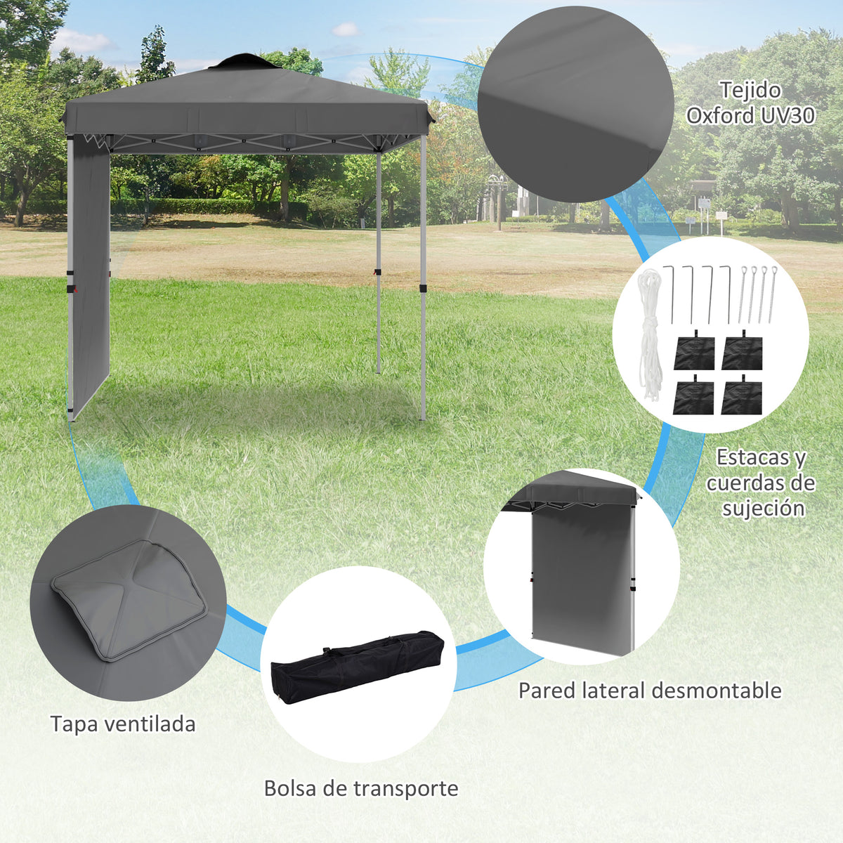 Outsunny Carpa Plegable 2,5x2,5 M Con 1 Pared Lateral Altura Ajustable Gris_5