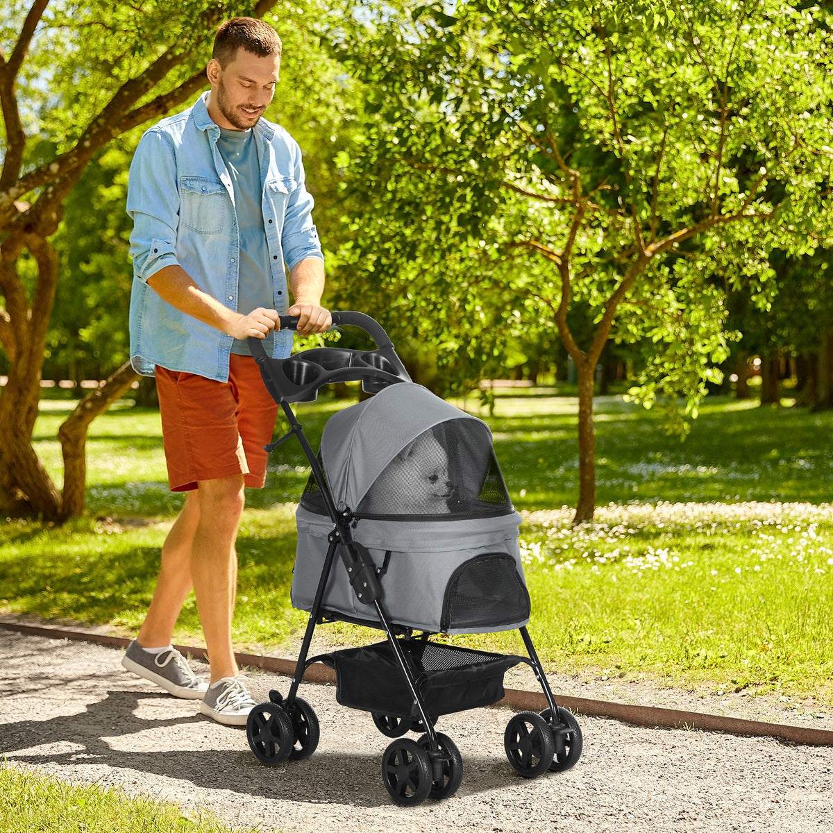 Pawhut Cochecito Para Perros Plegable Con Ruedas Universales 67x45x96 Cm Gris_1