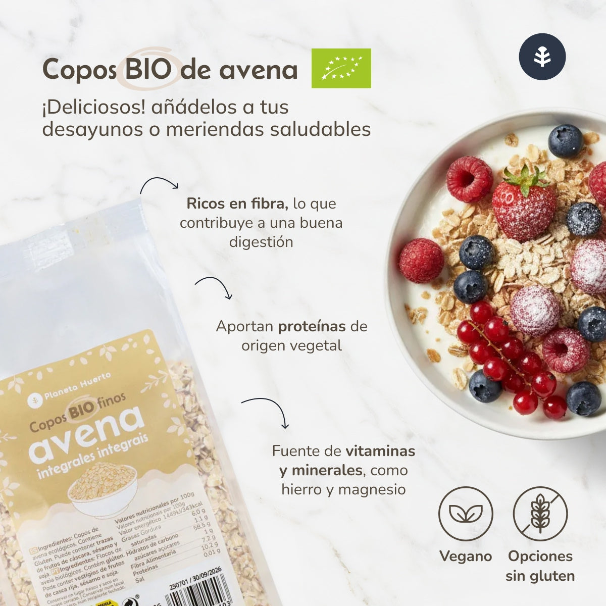 Copos de Avena integrales gruesos ECO Planeta Huerto 1.5 kg