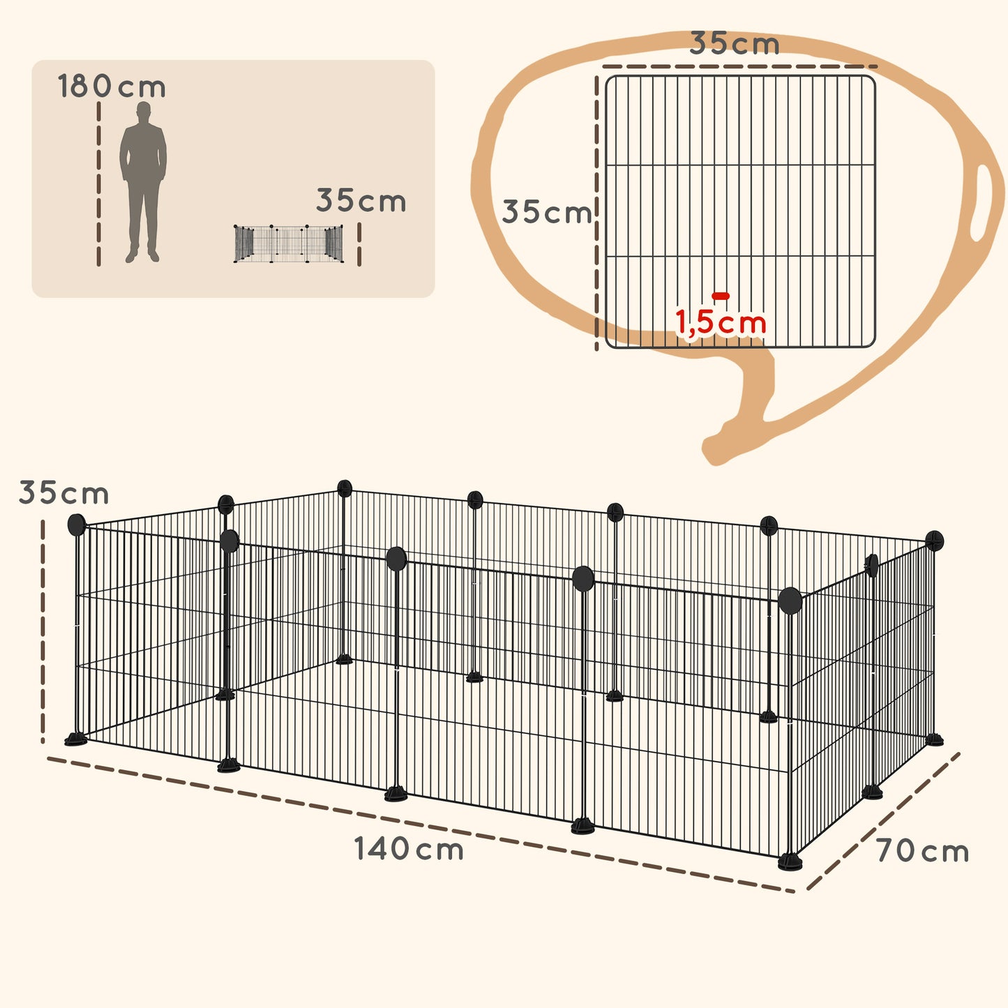 Pawhut Valla Metálica Para Mascotas Con 12 Paneles Diseño Diy 140x70x35 Cm Negro_2