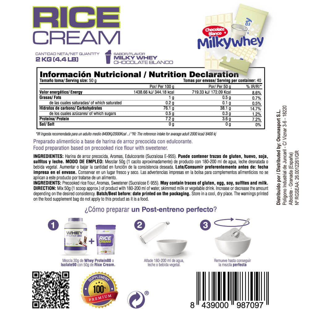Rice Cream (crema De Arroz Pregelatinizada) - 2kg - Chocolate Blanco Con Leche Milkywhey - Fuente De Carb - Masmusculo_5
