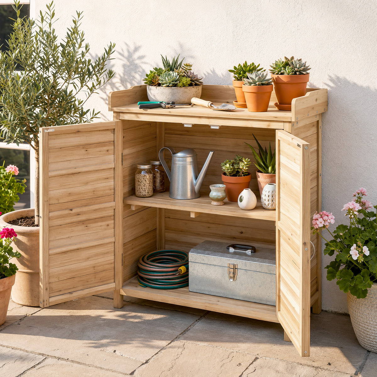 Outsunny Armario De Jardín De Madera Con 2 Puertas Estante 83x40x92 Cm Natural_4