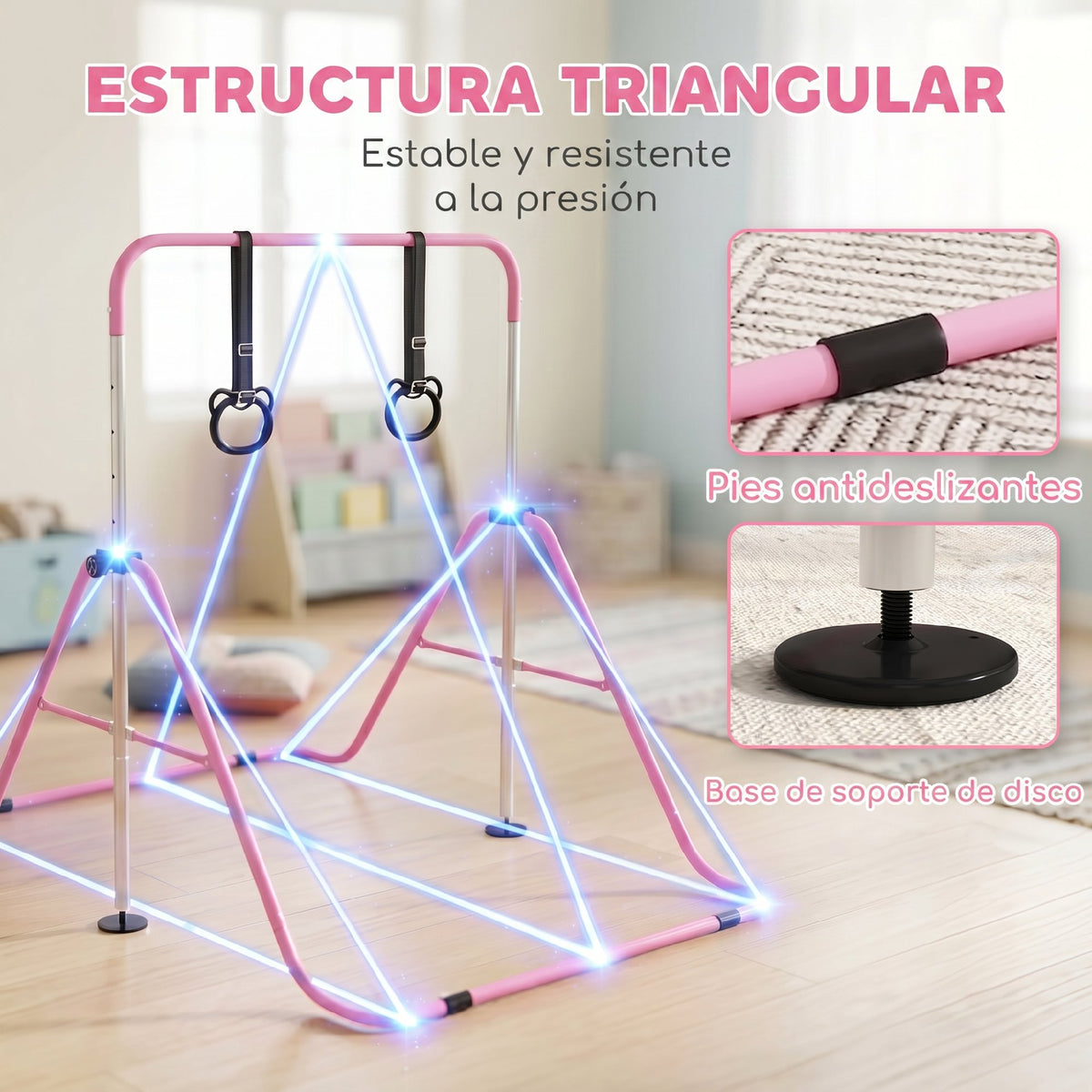 Homcom Barra De Gimnasia Para Niños Con Altura Ajustable En 5 Niveles Y Anillos_5