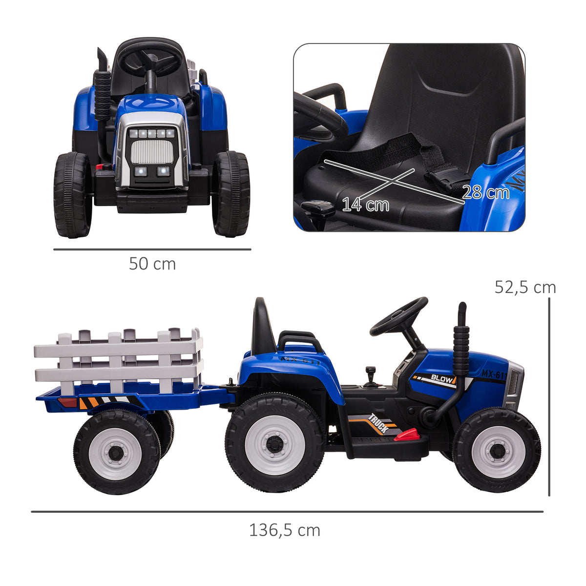 Homcom Tractor Eléctrico Con Remolque Para Niños 3-6 Años 136,5x50x52,5 Cm Azul_2