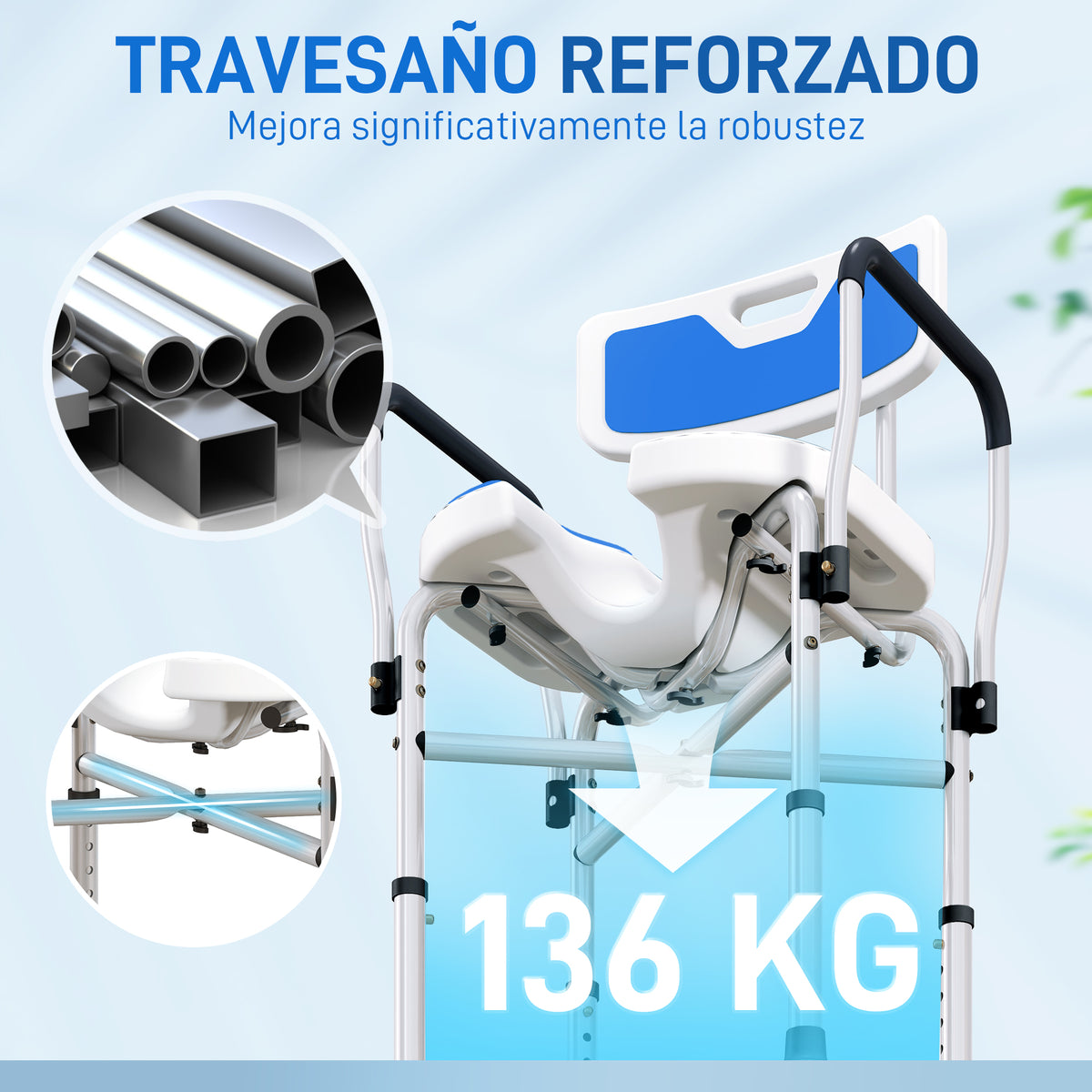 Homcom Silla Ducha Personas Mayores Con Asiento Ranurado Carga 136 Kg Azul_5